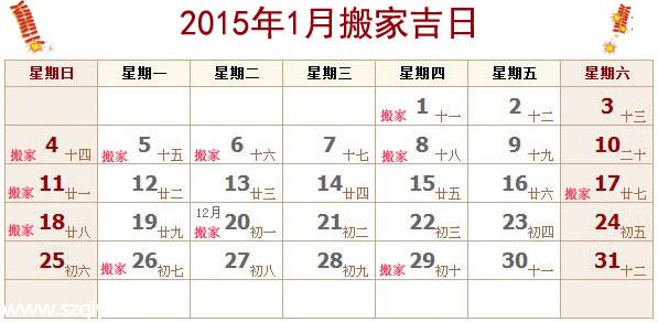 2015年1月搬家吉日查詢
