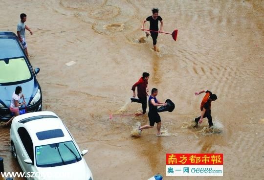 東莞降暴雨街道一片汪洋 市民街頭抓魚(yú)