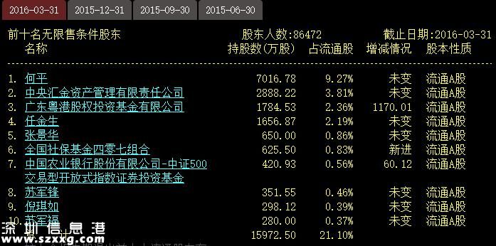 深圳惠程十大流通股東