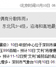 深圳天氣(10.10):多云有陣雨 23℃—27℃